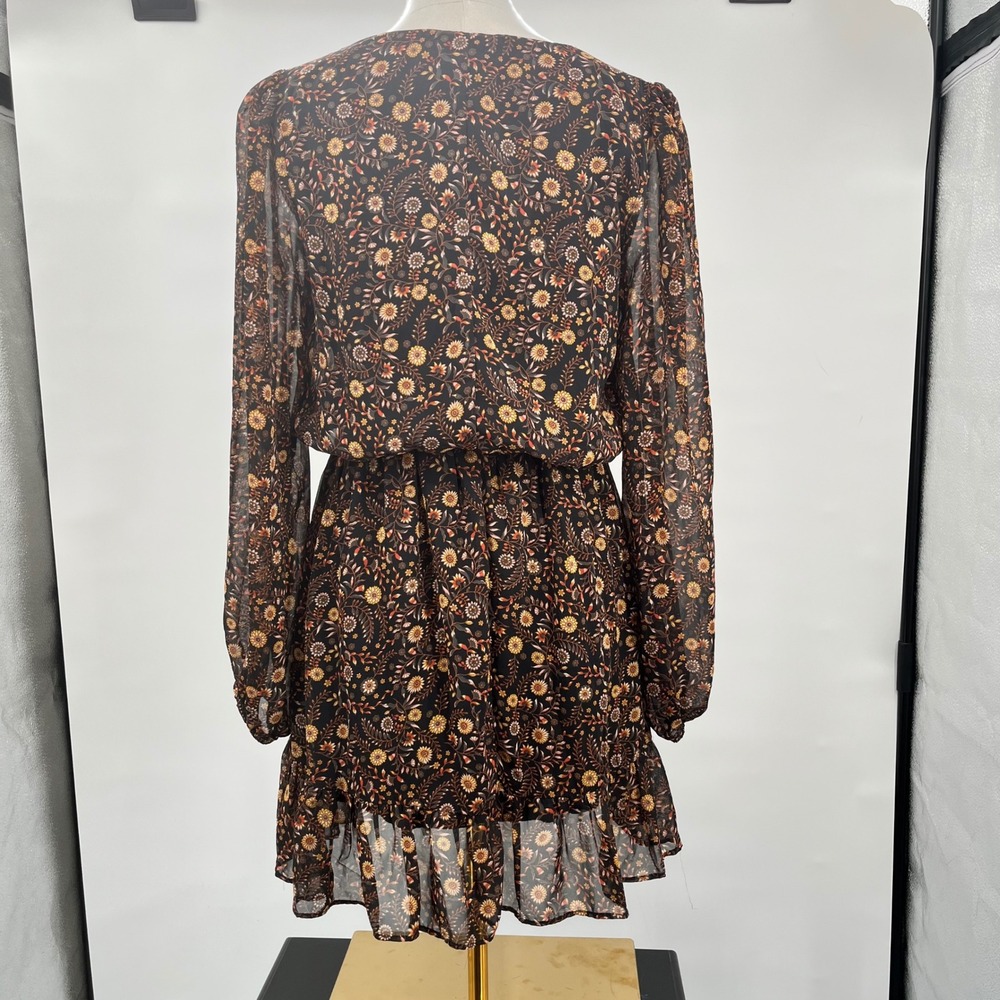 Evereve Floral Mini Dress Womens Small Black Orange Long Sleeve V-Neck - Picture 3 of 10